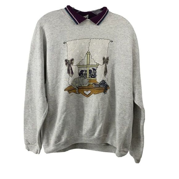 Nutmeg Mills Vintage Window Cat Sweatshirt 90s Lrg - Picture 1 of 9